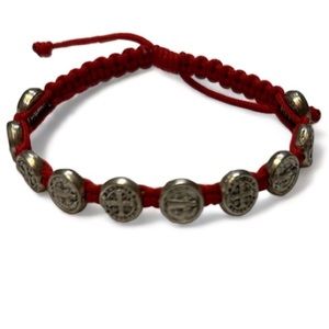 St Benedict Red Bracelet With Silver Medallion Medals Adjustable Closure NWOT